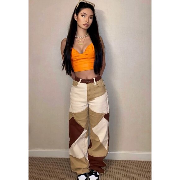 Fashion Nova Two‑Tone Patchwork Wide‑Leg Jeans – High Waist Retro Style Sz 5 - Picture 1 of 5